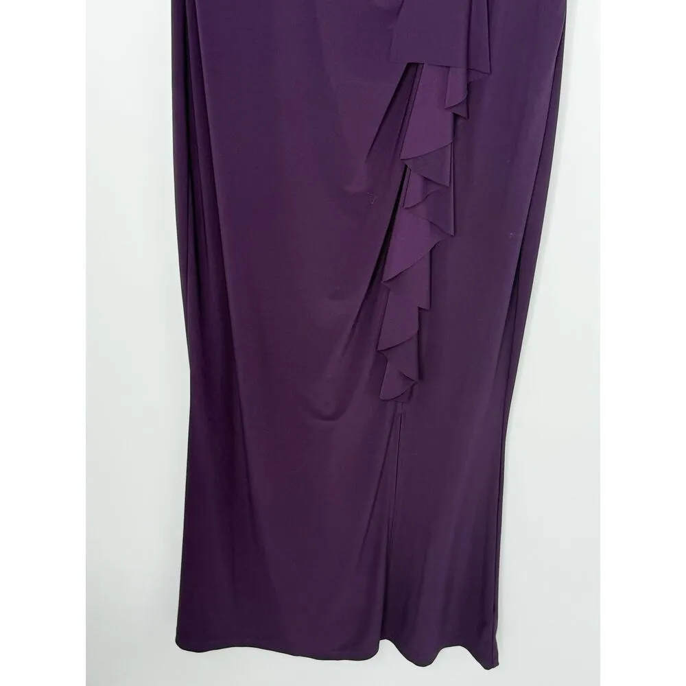 Marina Evening Gown Women 12 Eggplant Purple Mesh Lace Sequins Floral Front Slit - Image 6