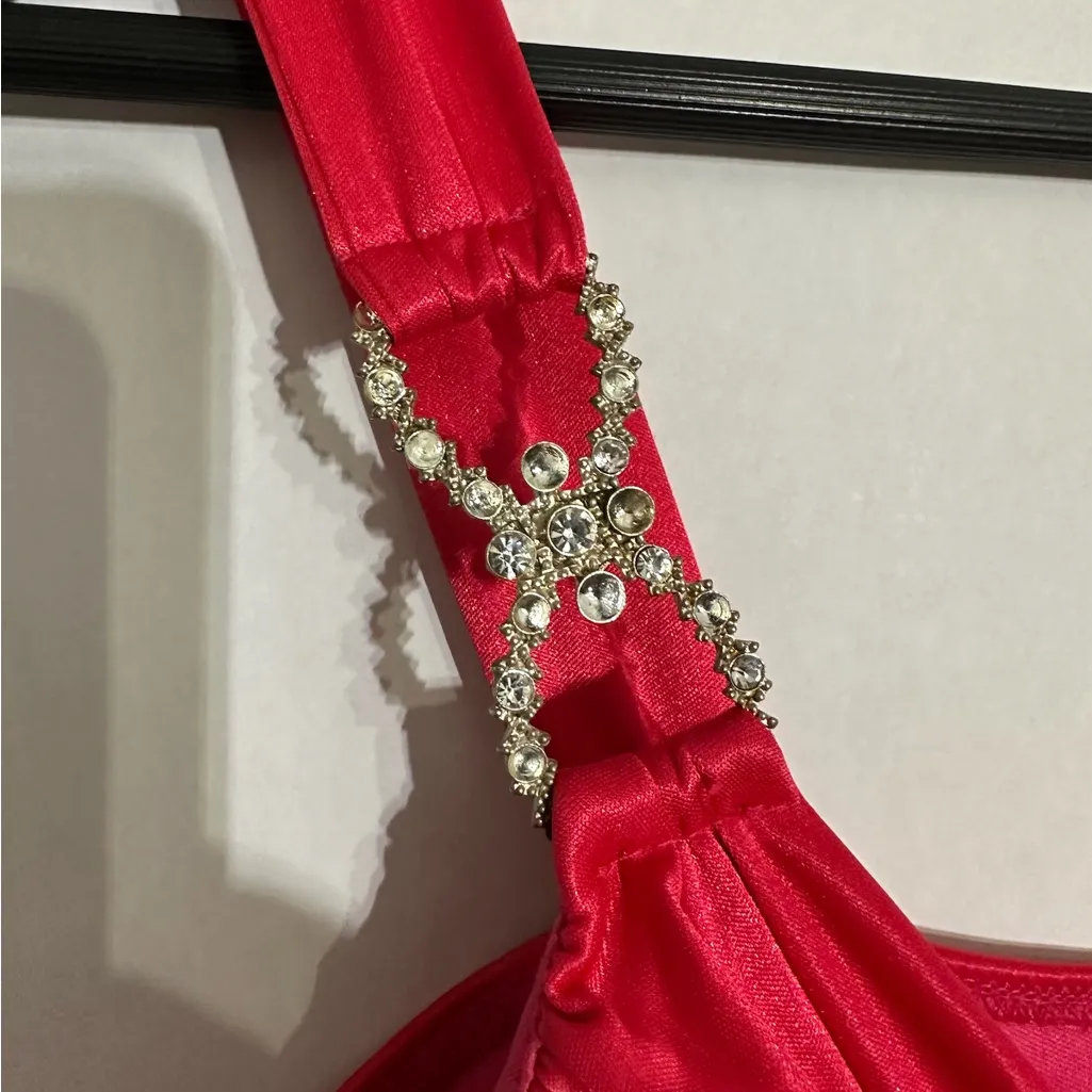 Deb Red Pleated Rhinestone Strap Cocktail Dress Vintage Y2K Size Small Party - Image 3