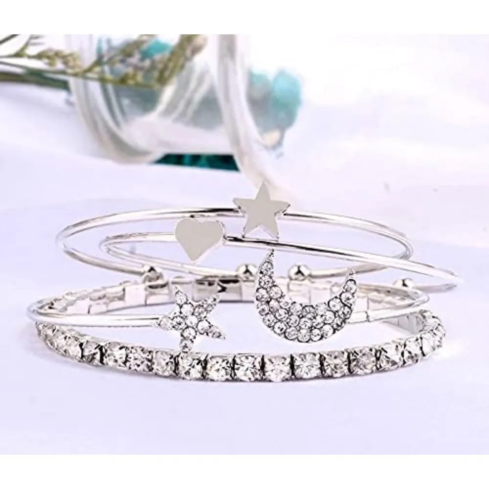 NWT Silver Bangle Bracelet‎ Set Crystal Star Moon Heart Charm Stackable Jewelry - Image 4