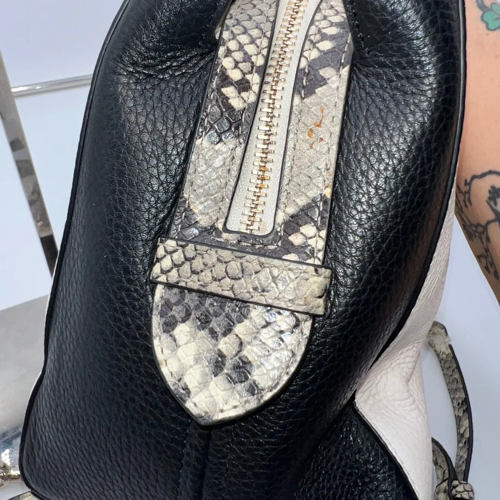 Kate Spade Satchel Crossbody Bag Snakeskin Handles Black Beige Leather Purse - Image 6