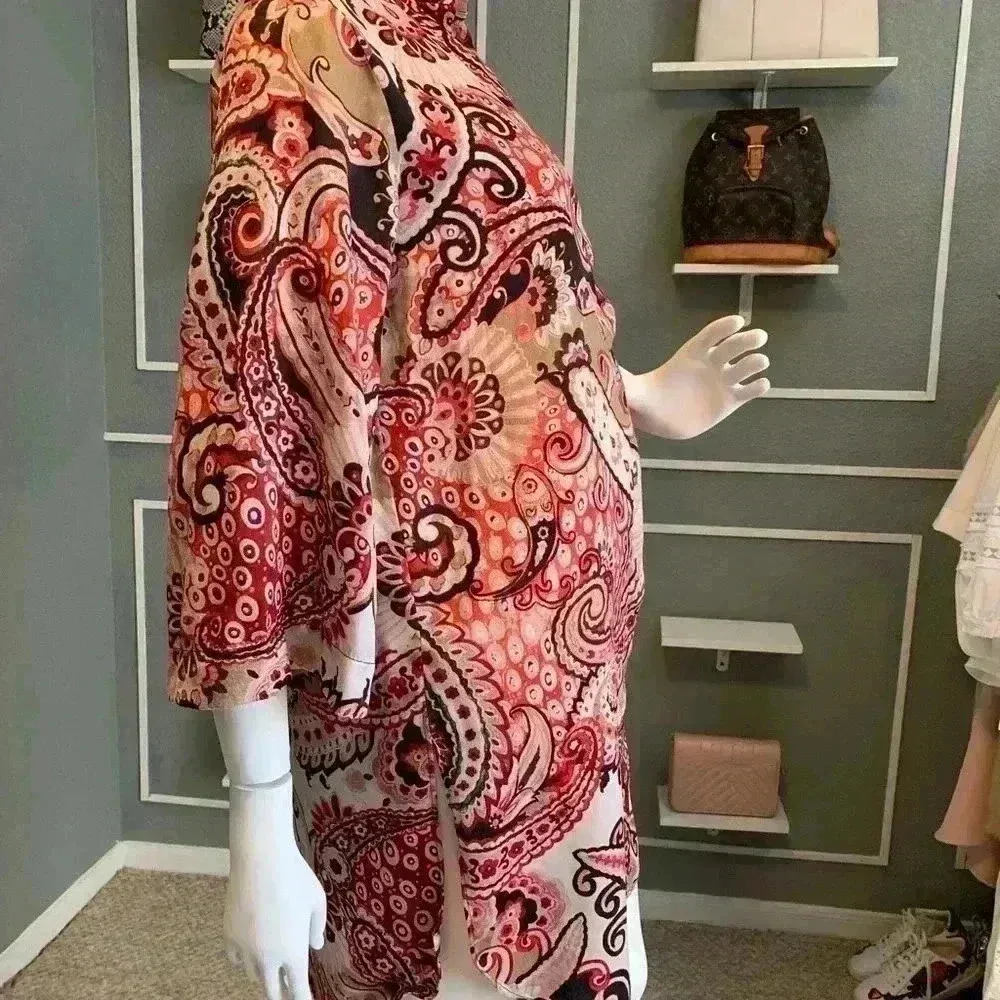 ZARA Tunic Red Paisley High Mock Neck Banded Collar Split Sides Size S - Image 7