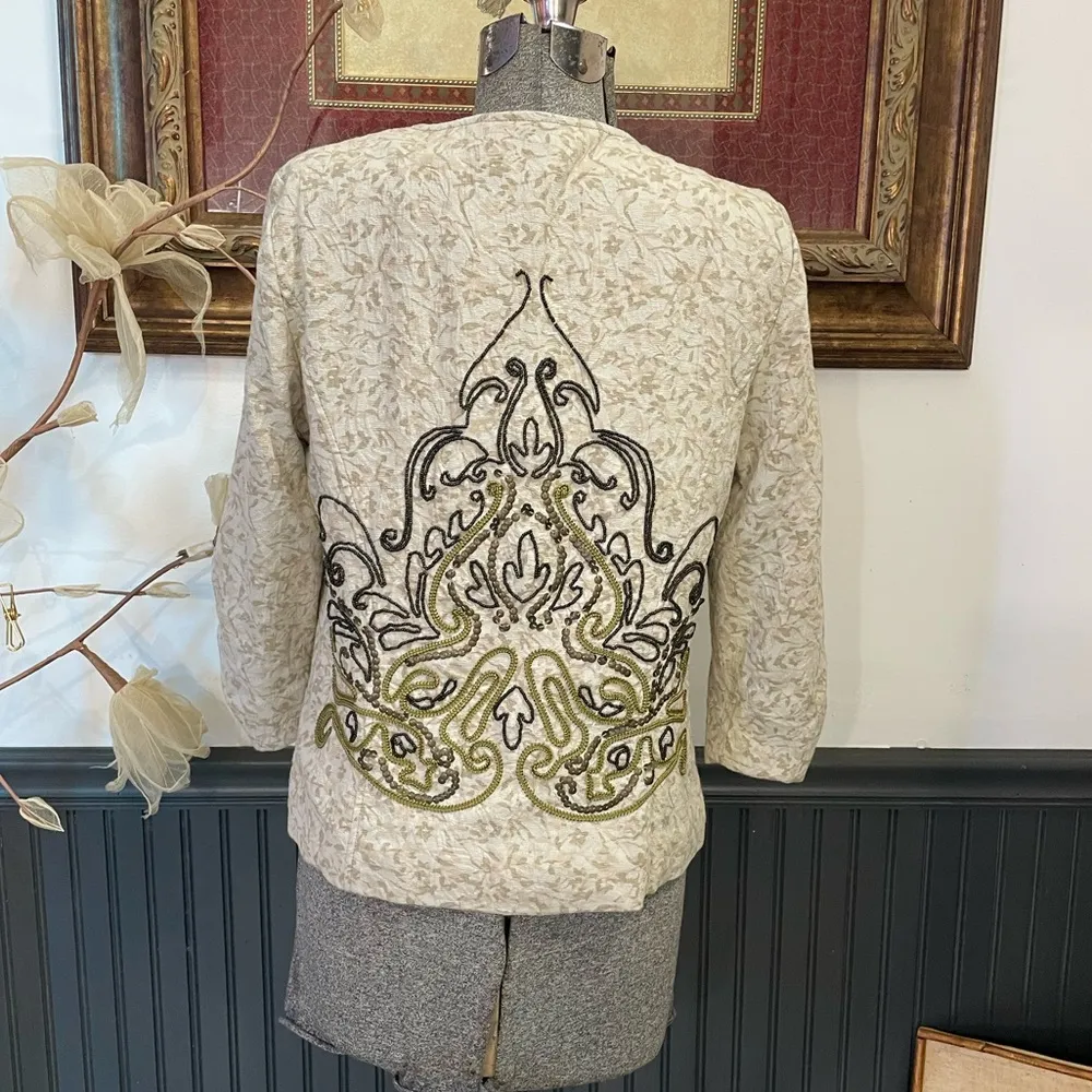 Coldwater Creek Beaded Scroll Embroidered Cream Open Ruched Jacket - Sz 10P 💚🎀 - Image 8