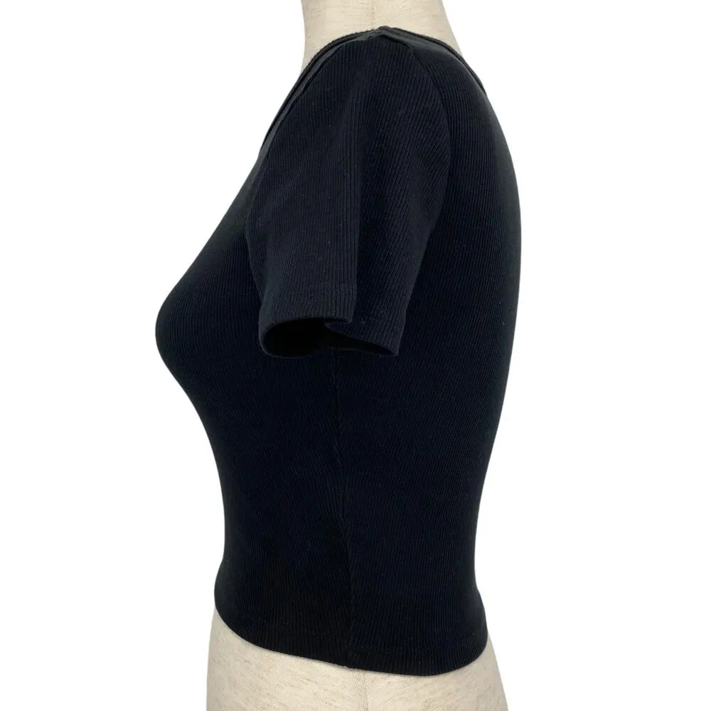 PULL&BEAR Black Ribbed Fitted Short Sleeve Crop Top Shirt Size Medium Stretch - Image 2