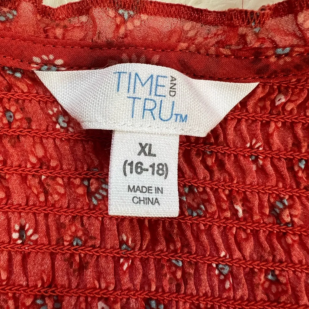 Time and Tru Dark Orange/Red Patterned Sheer Blouse Sz XL(16 - Image 5