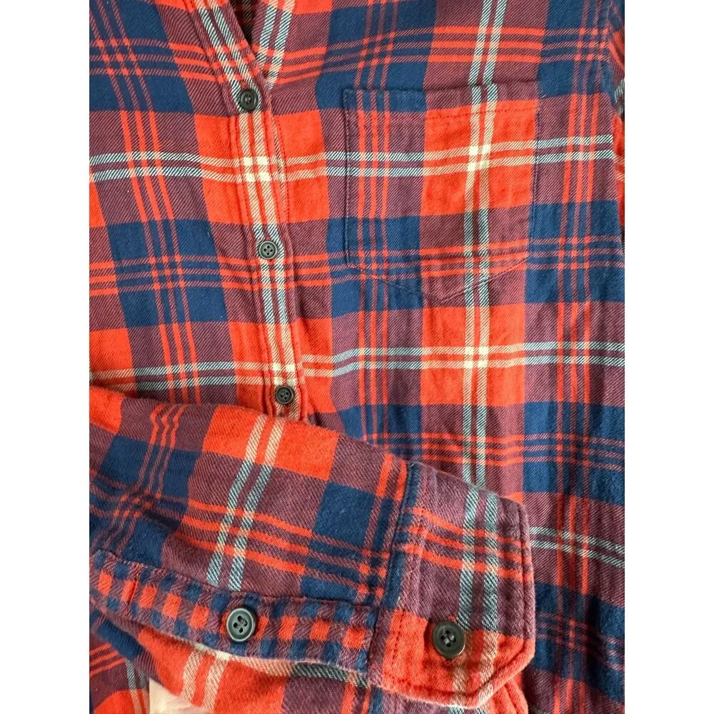 Madewell Orange Red Blue Long Sleeve Button Down Plaid Pattern Flannel Size XS - Image 6