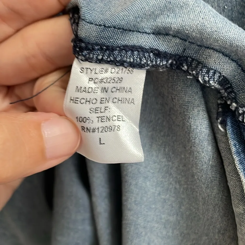 ENTRO Chambray Denim 3/4 Sleeve V-Neck Mini Dress Pockets Tencel Size L NWT - Image 8