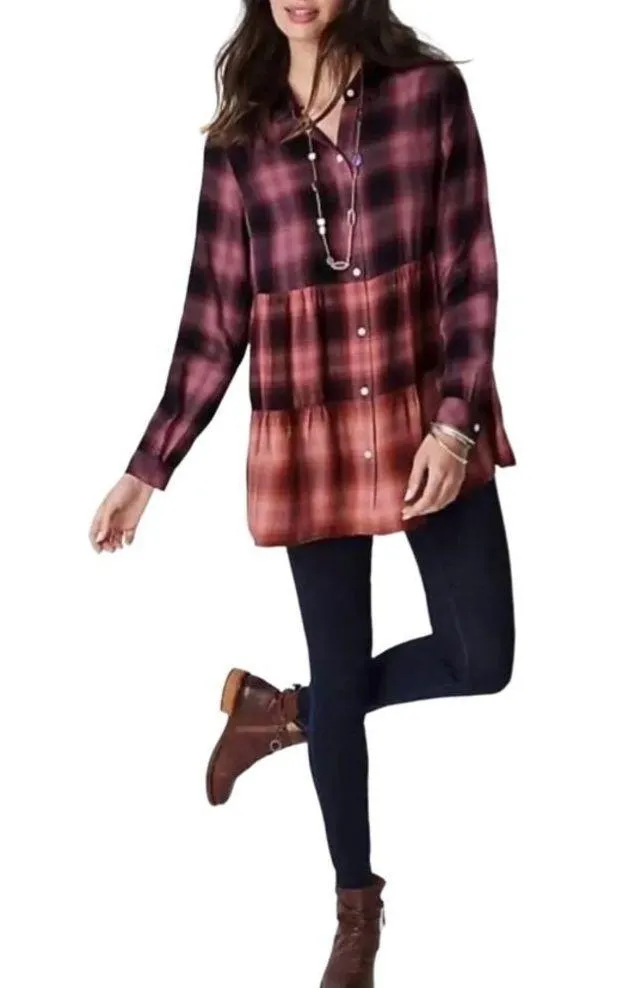 J.Jill Purple Pink Ombre Plaid Flannel Tunic Tiered Button Front Shirt - Image 2