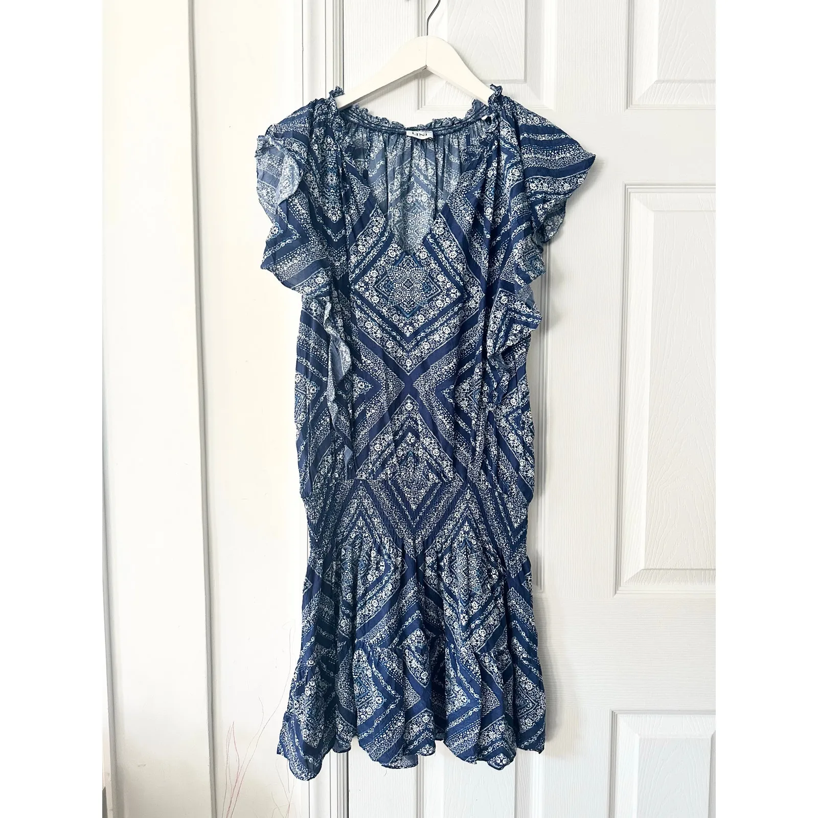Lini Blue Stacey Ikat Geometric Print Flutter Sleeve Smocked Waist Mini Dress XS - Image 2