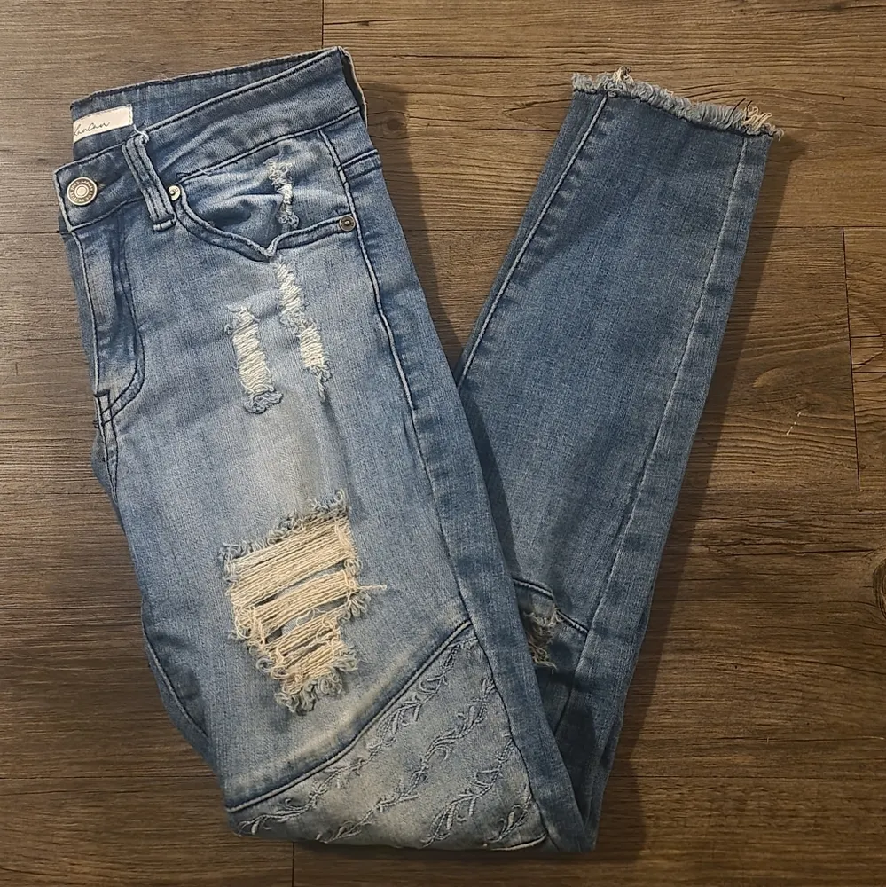 KanCan Sharon Distressed Raw Hem Moto Skinny Ankle Jeans 25 Blue - Image 10