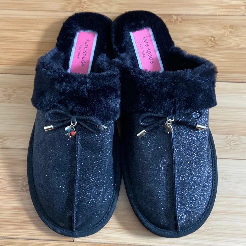 Kate Spade Lacey Black Glitter Fur Slippers Size 9 - Image 2