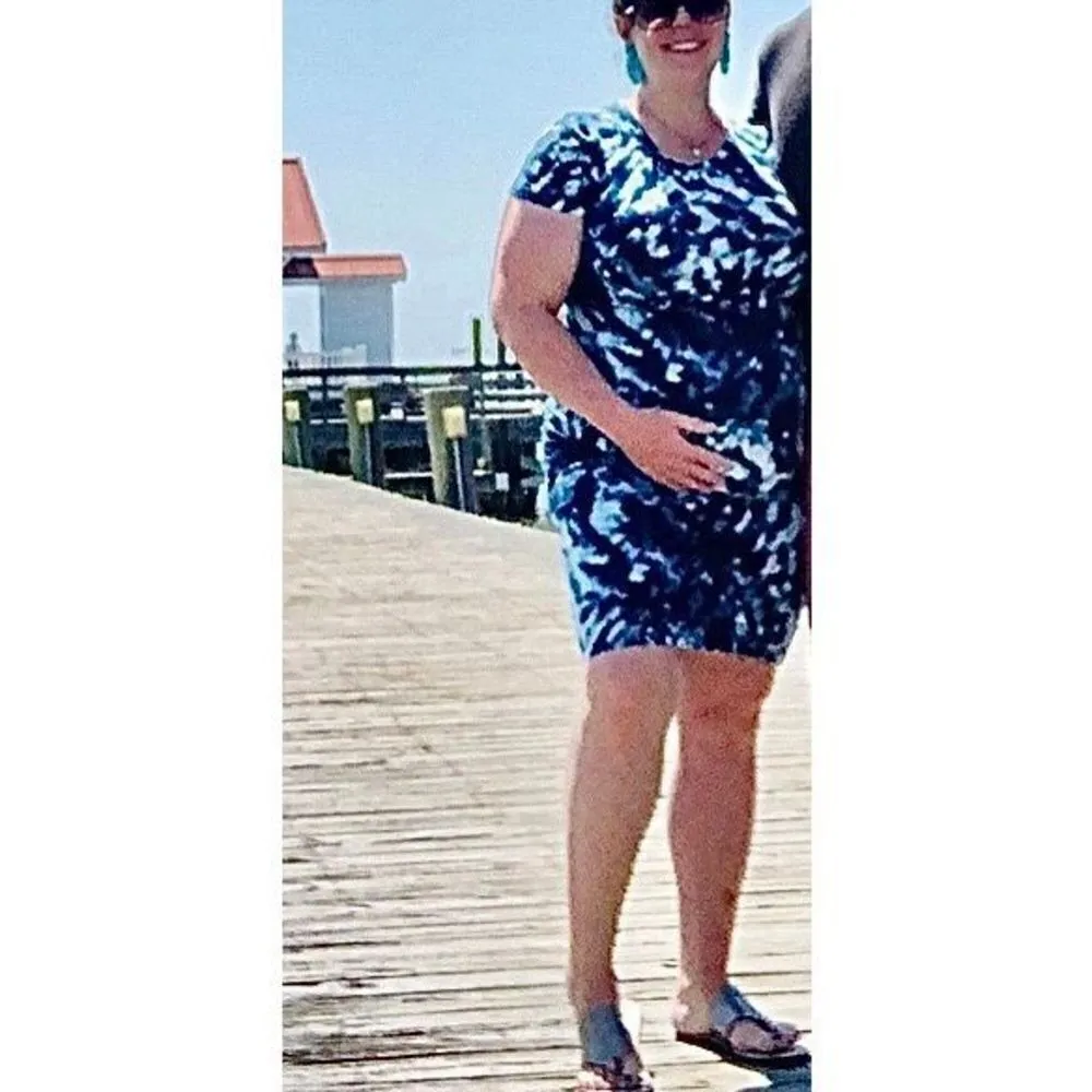 Old Navy‎ Maternity Fitted Ruched Blue Tie-Dye Jersey Knit Dress LARGE Casual - Image 2