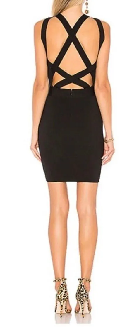 sheer mesh cut out Backless strappy plunge LBD mini black dress - Image 2
