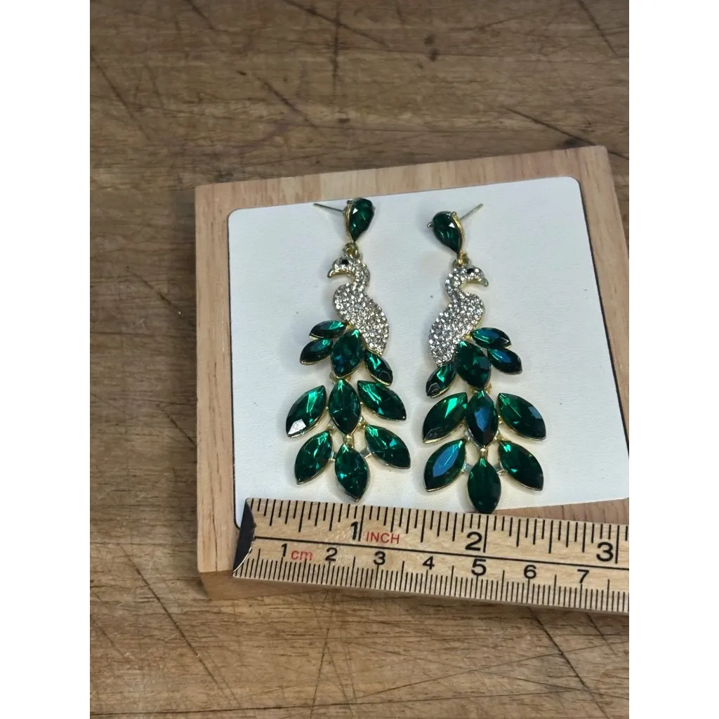 Peacock Crystal Drop Earrings With Green Gemstones - Image 6