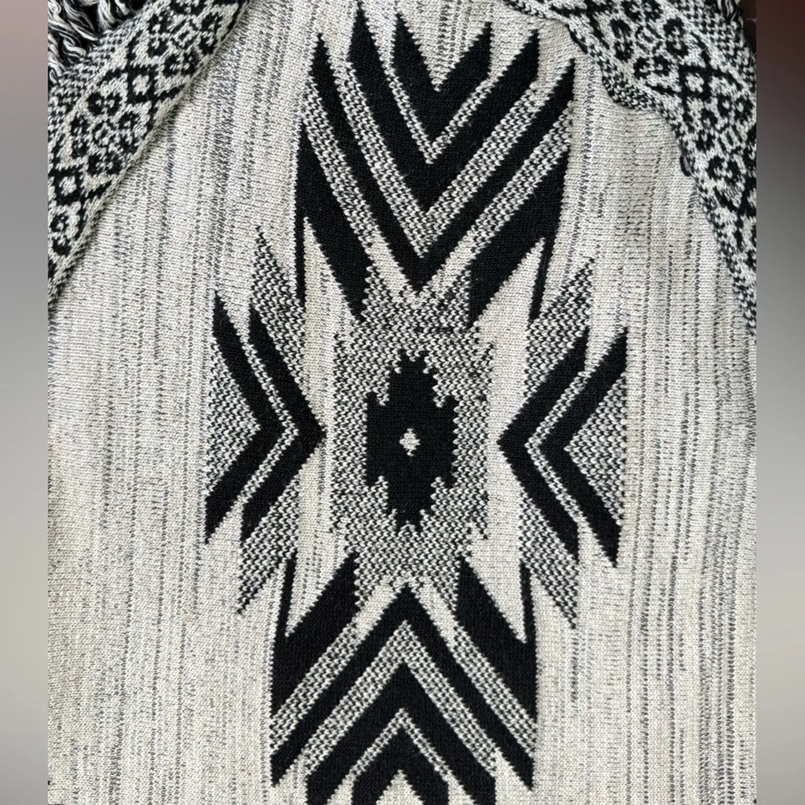 Crazy Train Black and Cream Aztec Print Fringe Poncho Sweater - Image 9