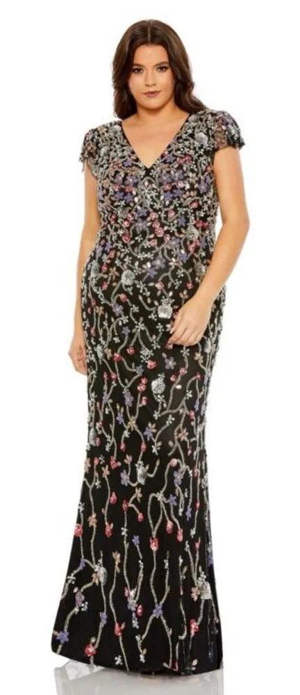 Mac Duggal 5751 Black Embellished Flutter Cap Sleeve V-Neck Gown Size 22W NWT - Image 1