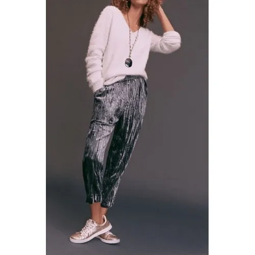 Anthropologie Womens Ett Twa Blue Crushed Velvet High Cropped Pull On Pants sz M - Image 7