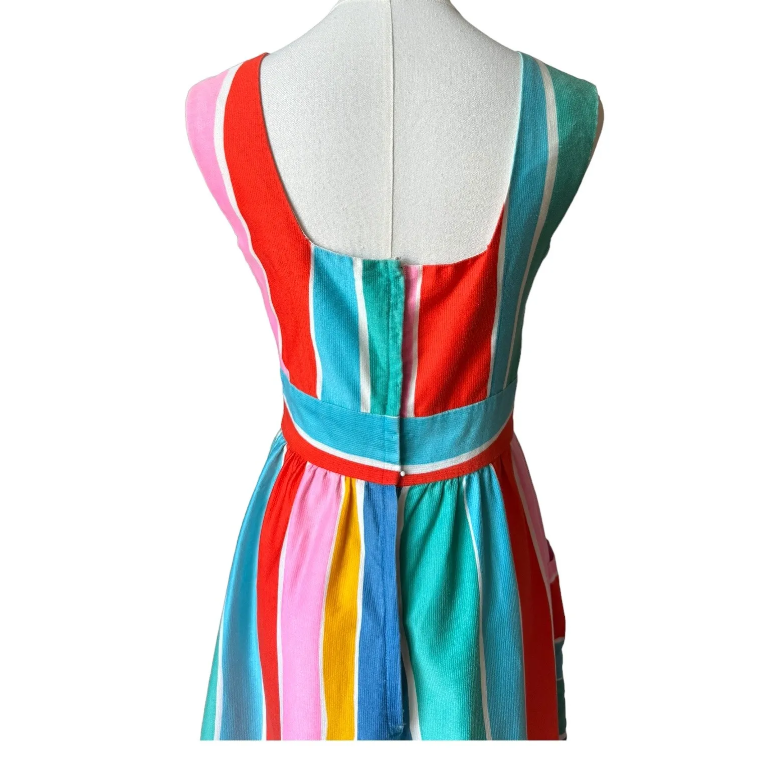 1970s Malia Honolulu Rainbow Stripe Cotton Sundress Pockets Hawaii Vintage small Pink - Image 8
