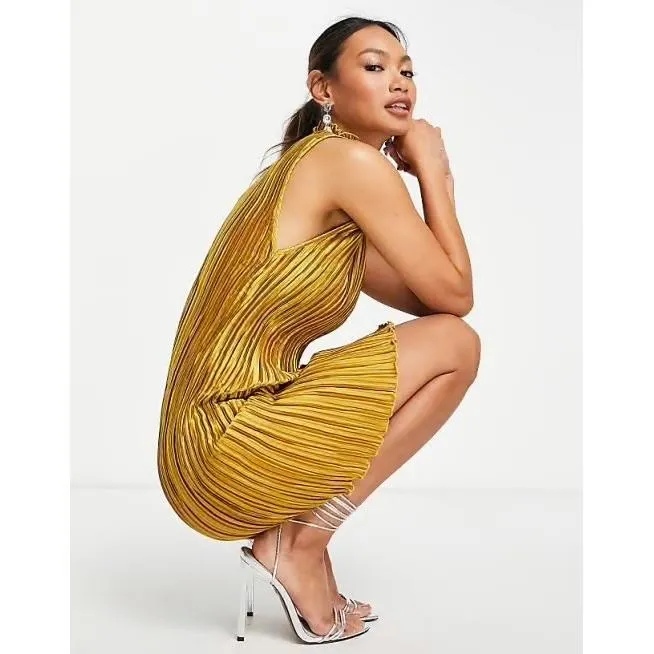ASOS DESIGN high neck mini dress satin plisse Mustard - Image 2