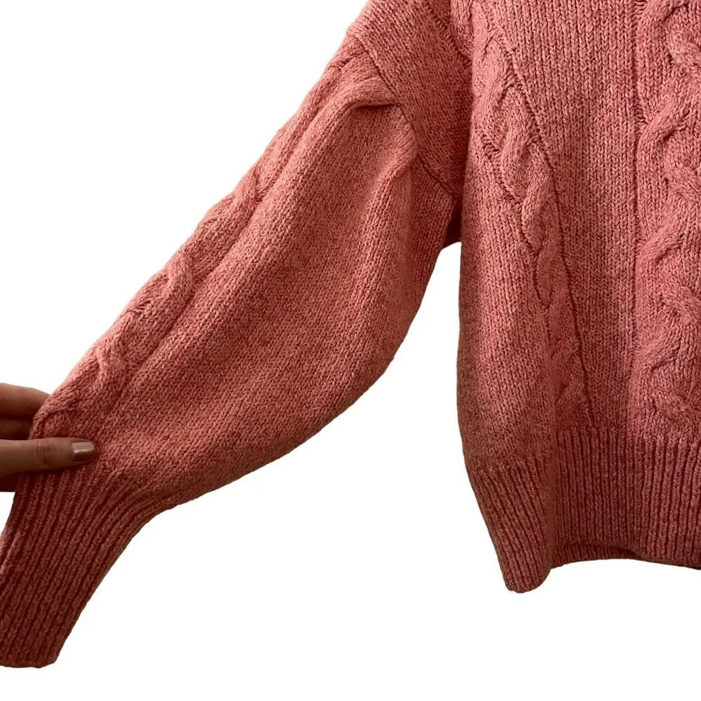 Old Navy coral ribbed sweater balloon sleeves cable knit detail classic comfort - Image 3