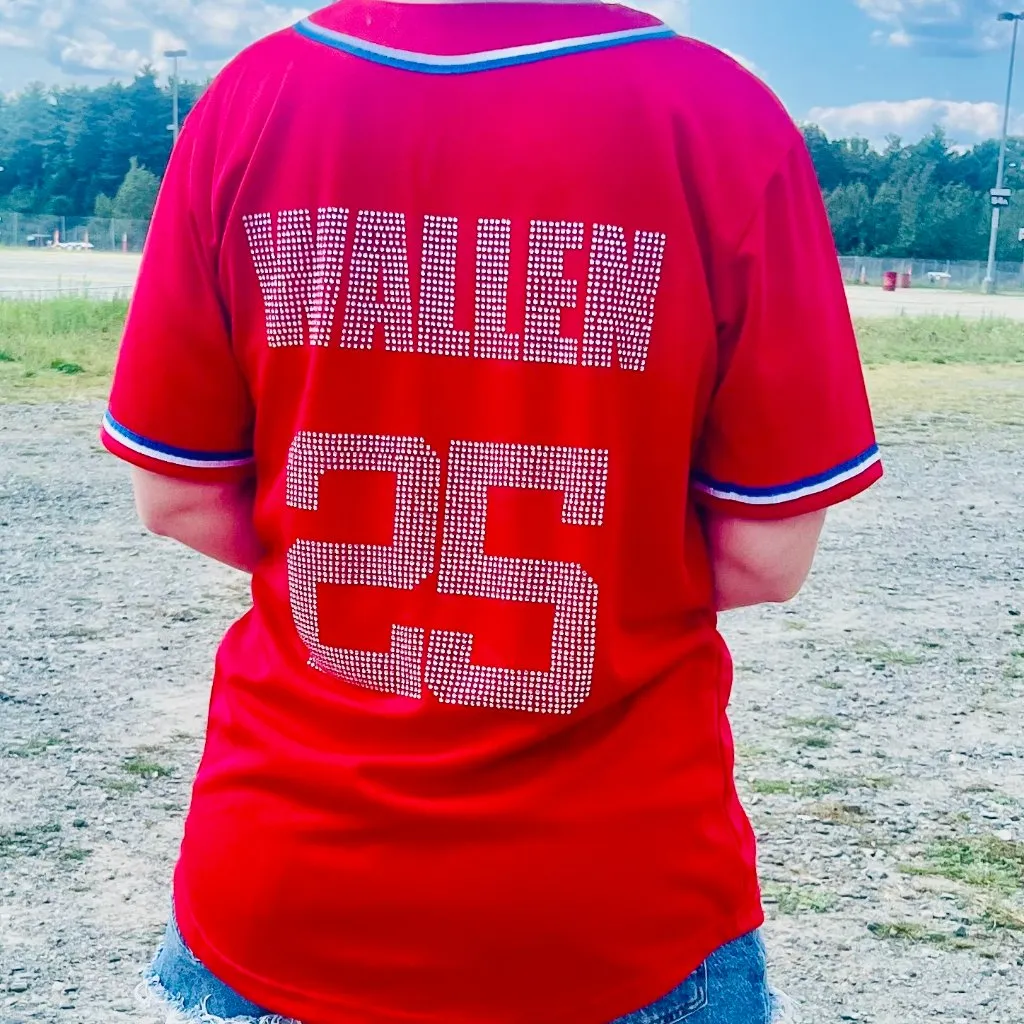 Morgan Wallen Rhinestone Short Sleeve Button Up Baseball Jersey Red Medium - Image 2
