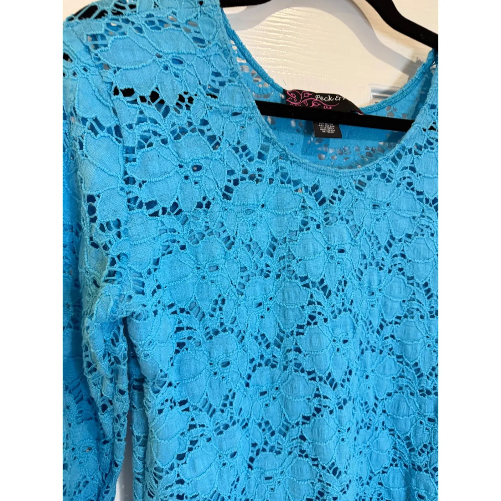 Peck &‎ Peck Lace Top Floral Crochet Long Sleeve Blouse Blue Size L - Image 2