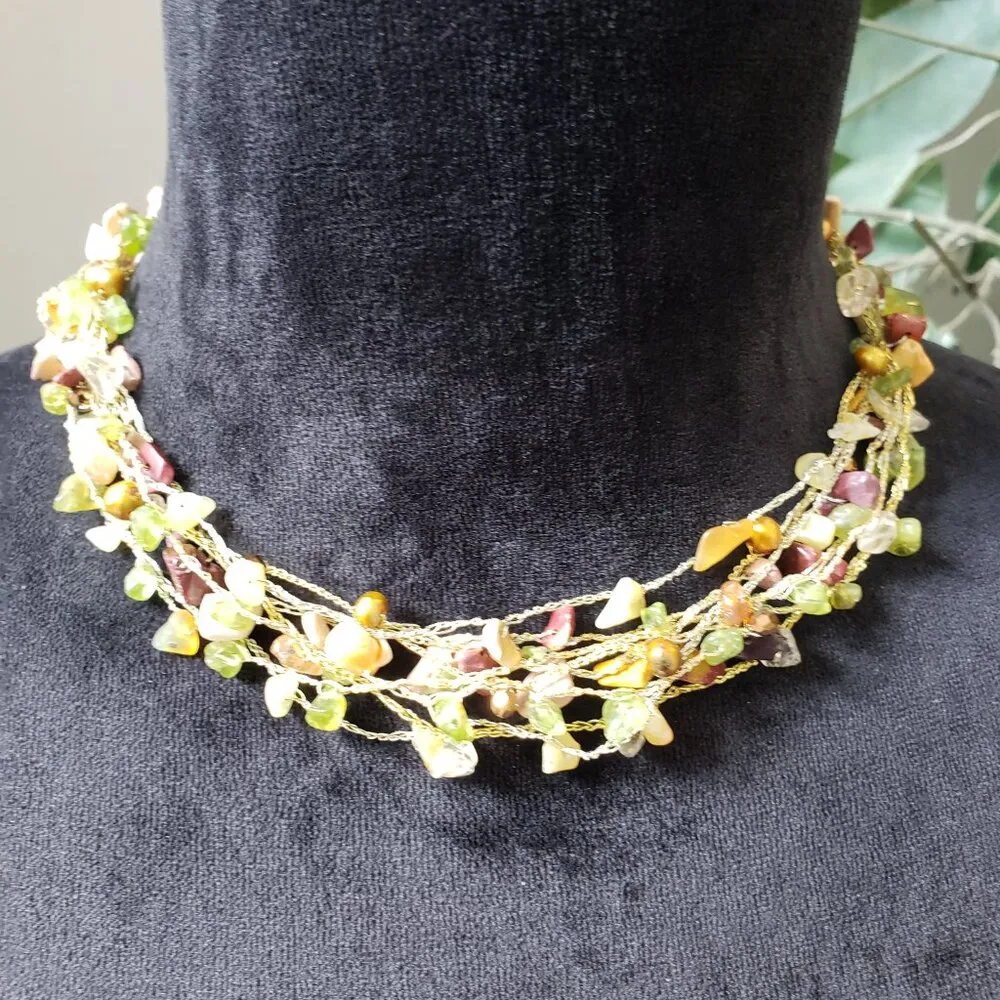 Women's Gold Plated Multi Layers Tourmaline Stone Bead Necklace w/ Lobster Clasp - Image 2