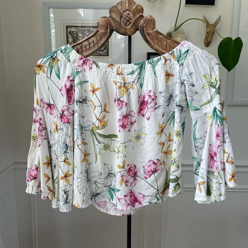 Bershka Floral Flowy Crop Top Off Shoulder Blouse XS - Image 5