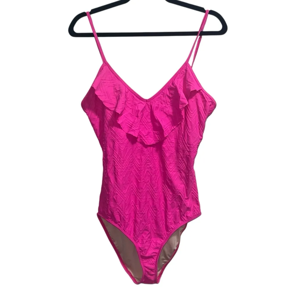 Shoshanna Hot Pink Textured One Piece Swimsuit Ruffled Neckline - Image 2