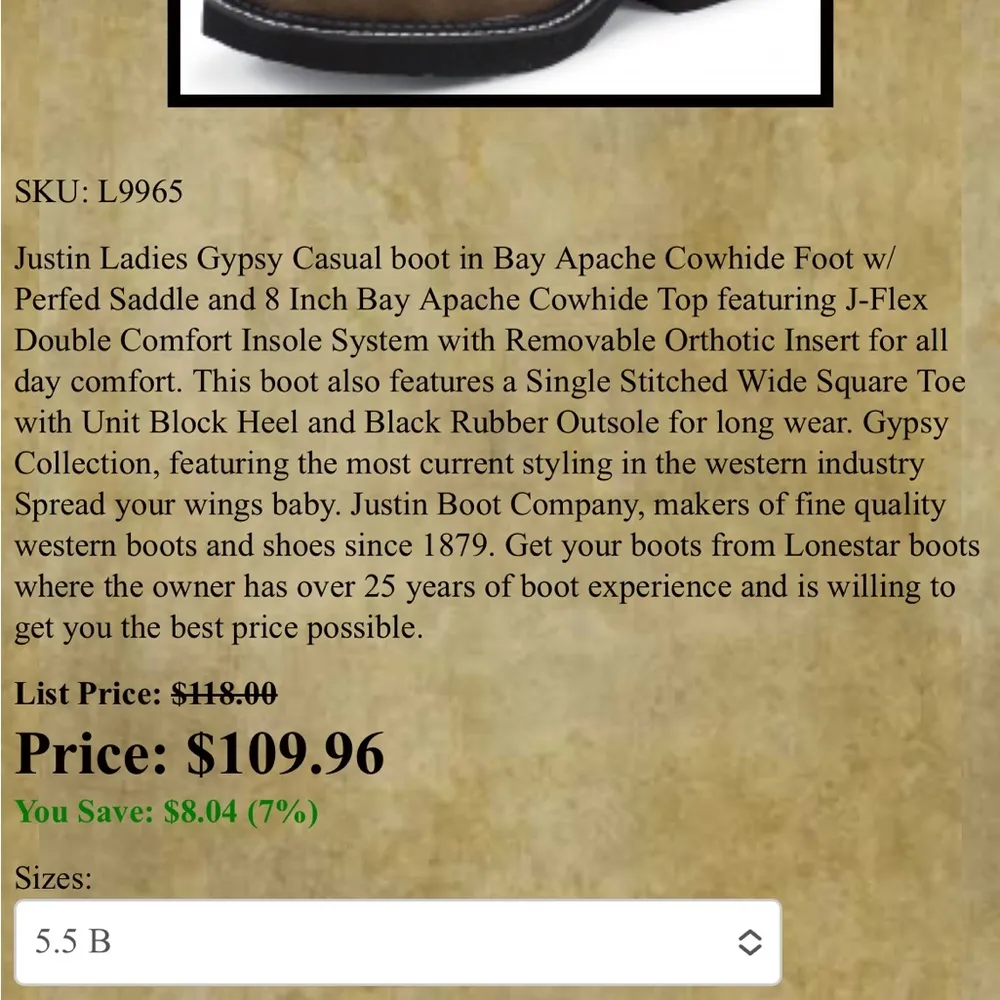 Justin Ladies Gypsy Casual Square Toe Boot Bay Apache Cowhide Foot Size 5.5 - Image 10