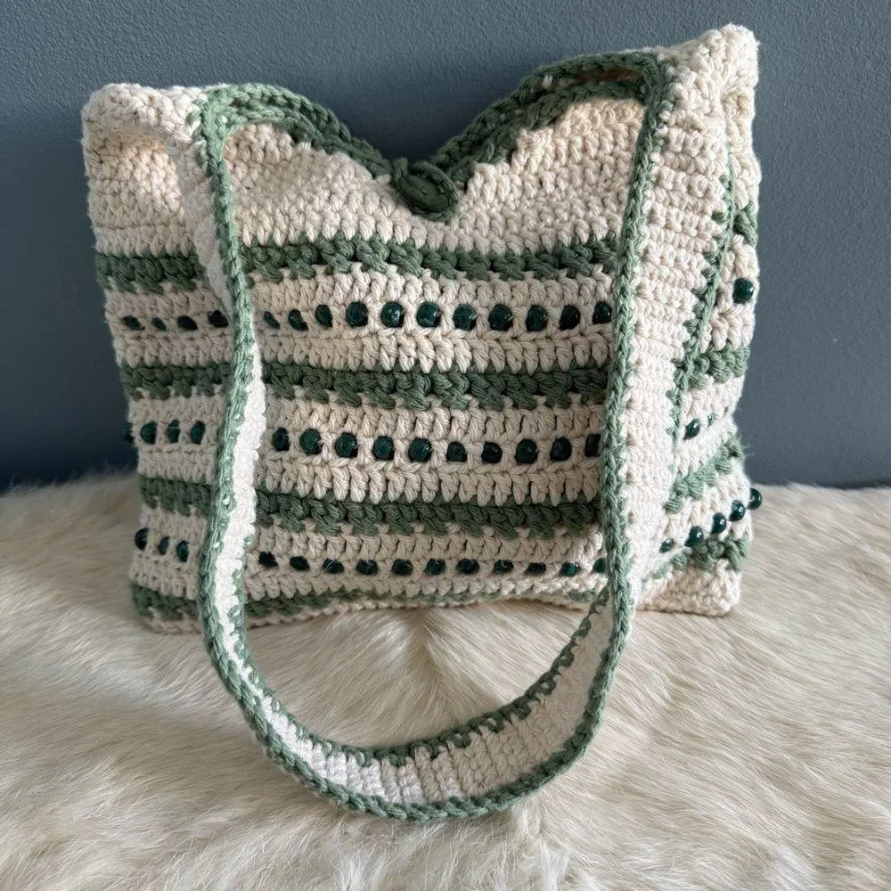 Crochet Beaded Hand Woven Shoulder Bag Green - Image 10