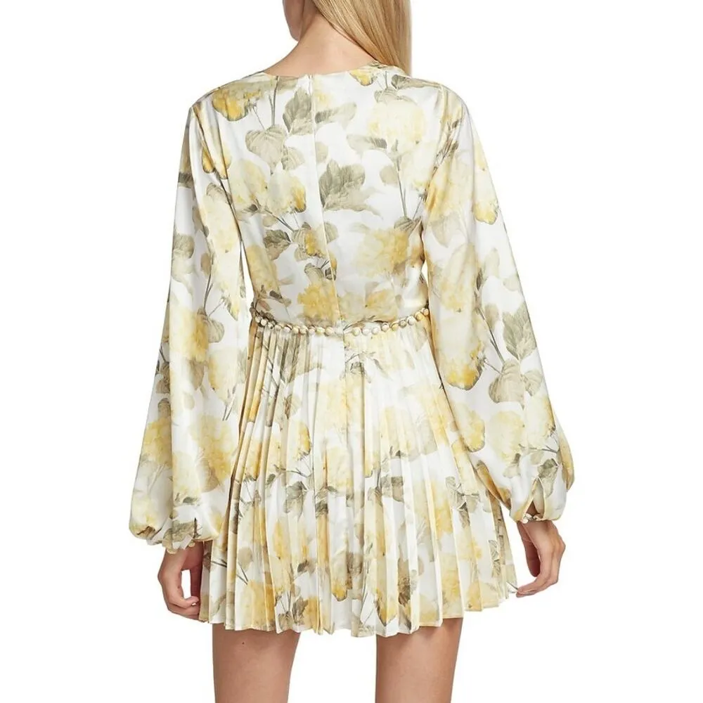 NWT Acler Faris Tiered Floral Satin Pleated Mini Dress White/Yellow Women's US 4 White - Image 2