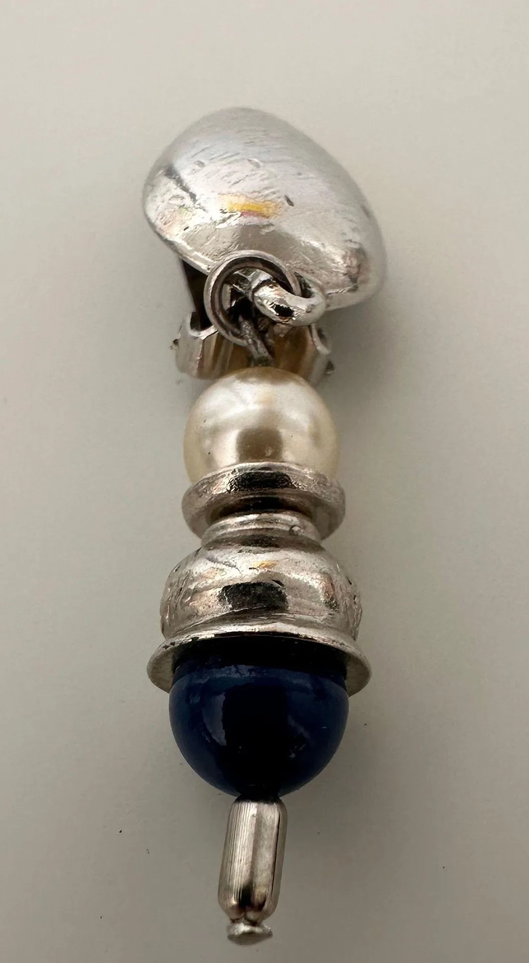Vintage Silver Tone Clip On Drop Earrings with Pearl and Cobalt Accents - Image 4