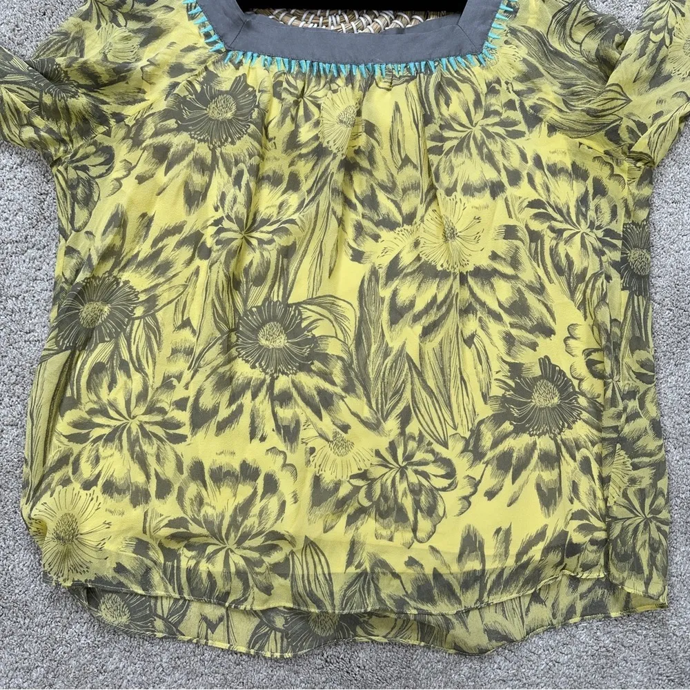 Sundance Women’s 100% Silk Floral Blouse Square Neck 3/4 Sleeve Yellow Gray L Size L - Image 3