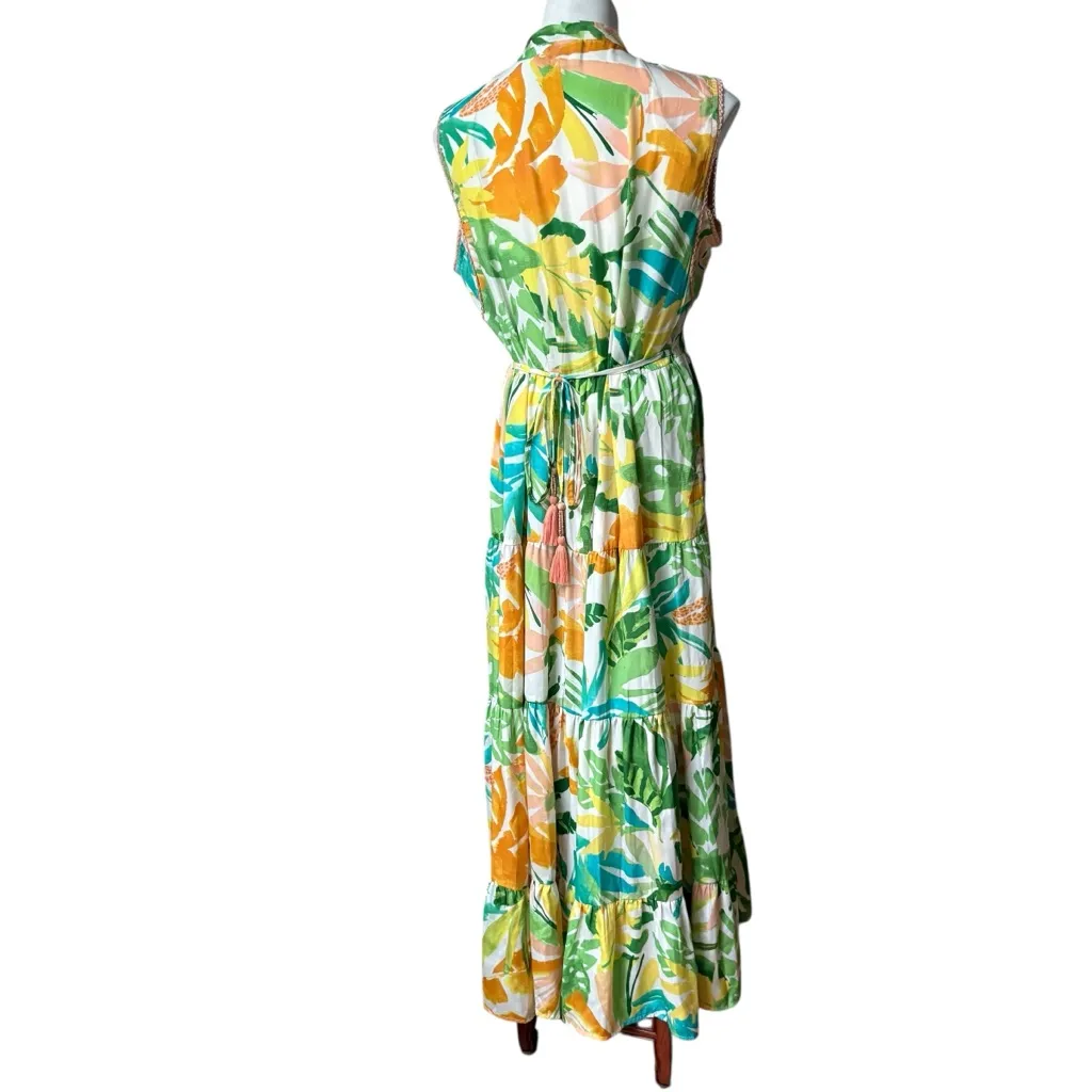 True Destinations Sleeveless Palm Print Tiered Button Down Maxi Dress, Sz XL Green - Image 5