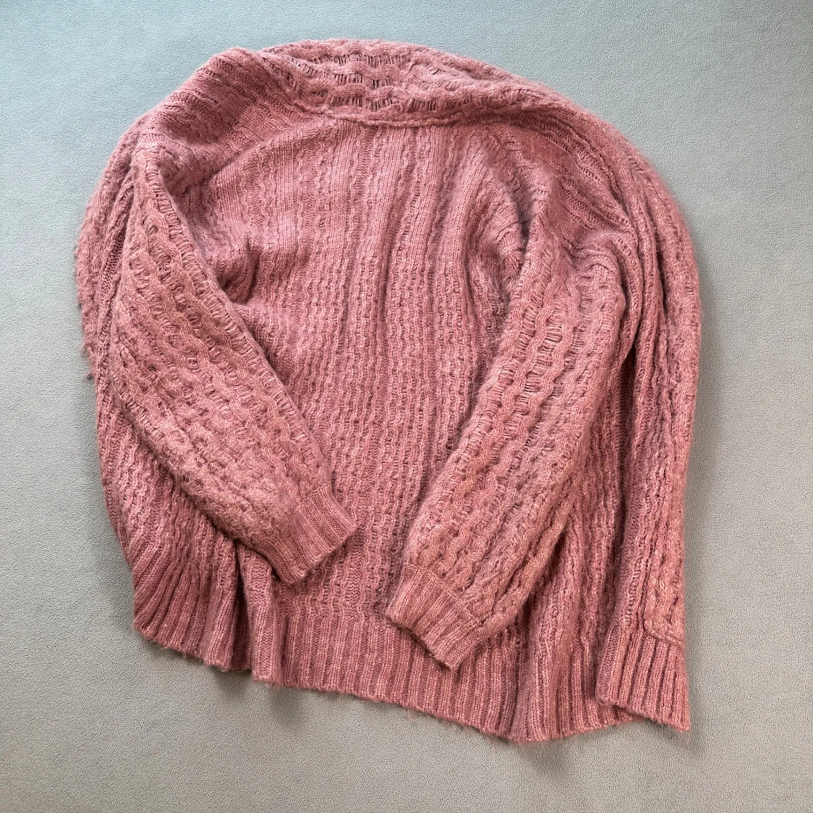 Anthropologie Chunky Cable Knit Shawl Collar Cardigan Sweater Open Dusty Rose M - Image 4