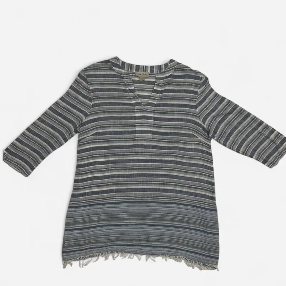 Charlie Paige Blue White Striped V-Neck Tunic Top Fringe Hem Size L - Image 3