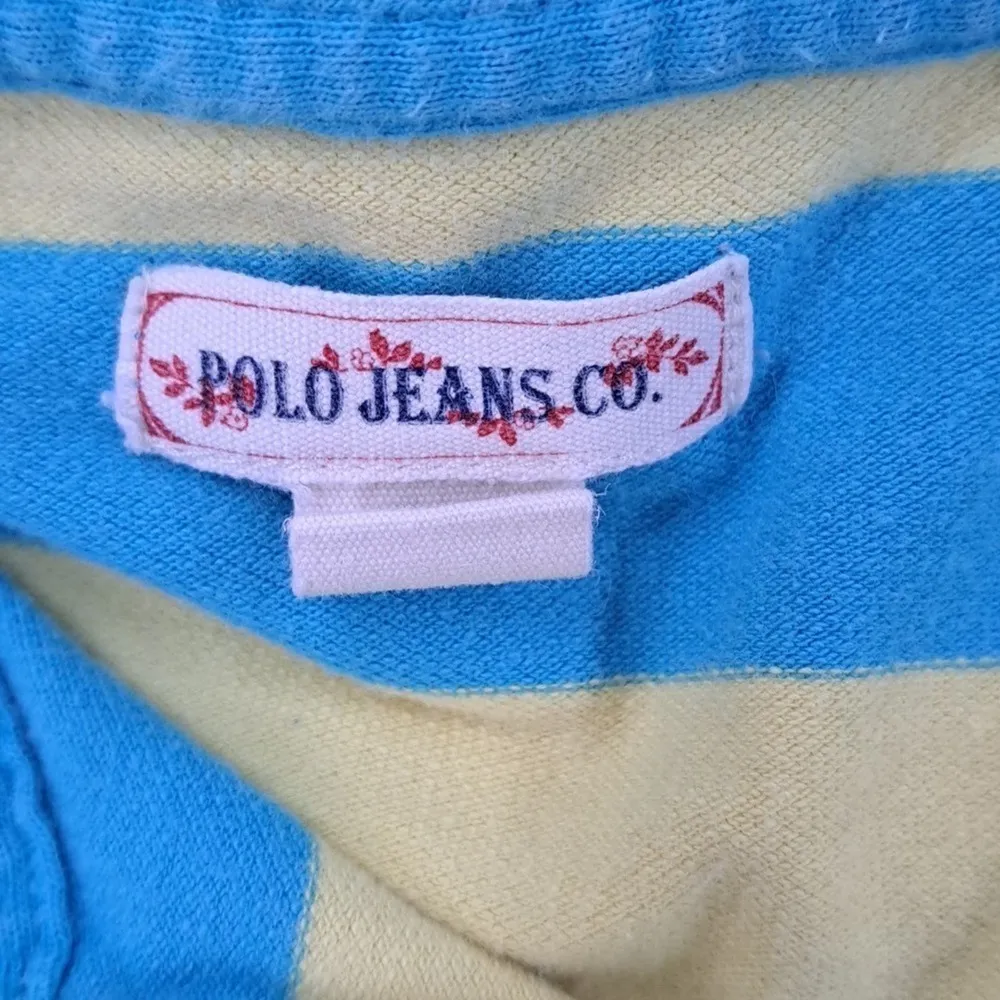 WOmens Ralph Lauren Polo shirt yellow blue stripes graphic design on back L - Image 4