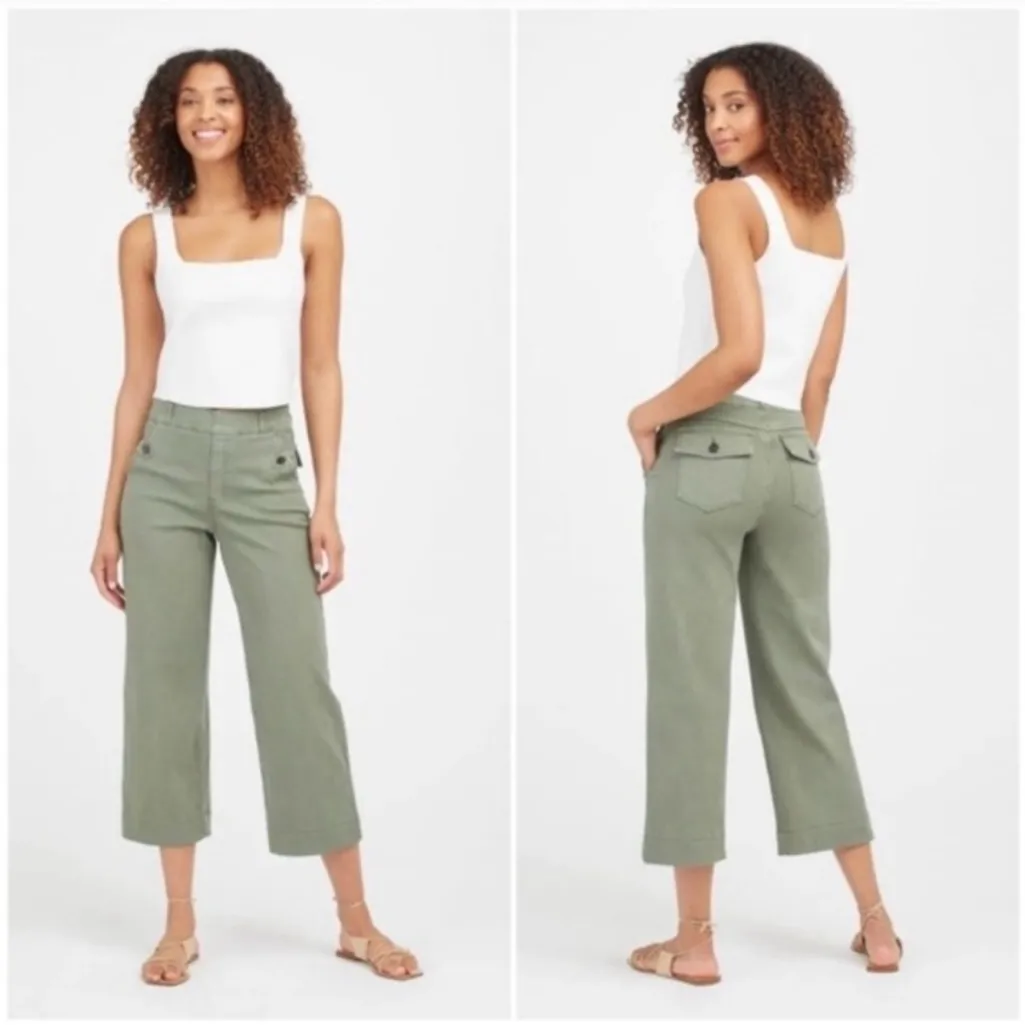 Spanx Stretch Twill Cropped Wide Leg Pants in Dark Olive - Image 2
