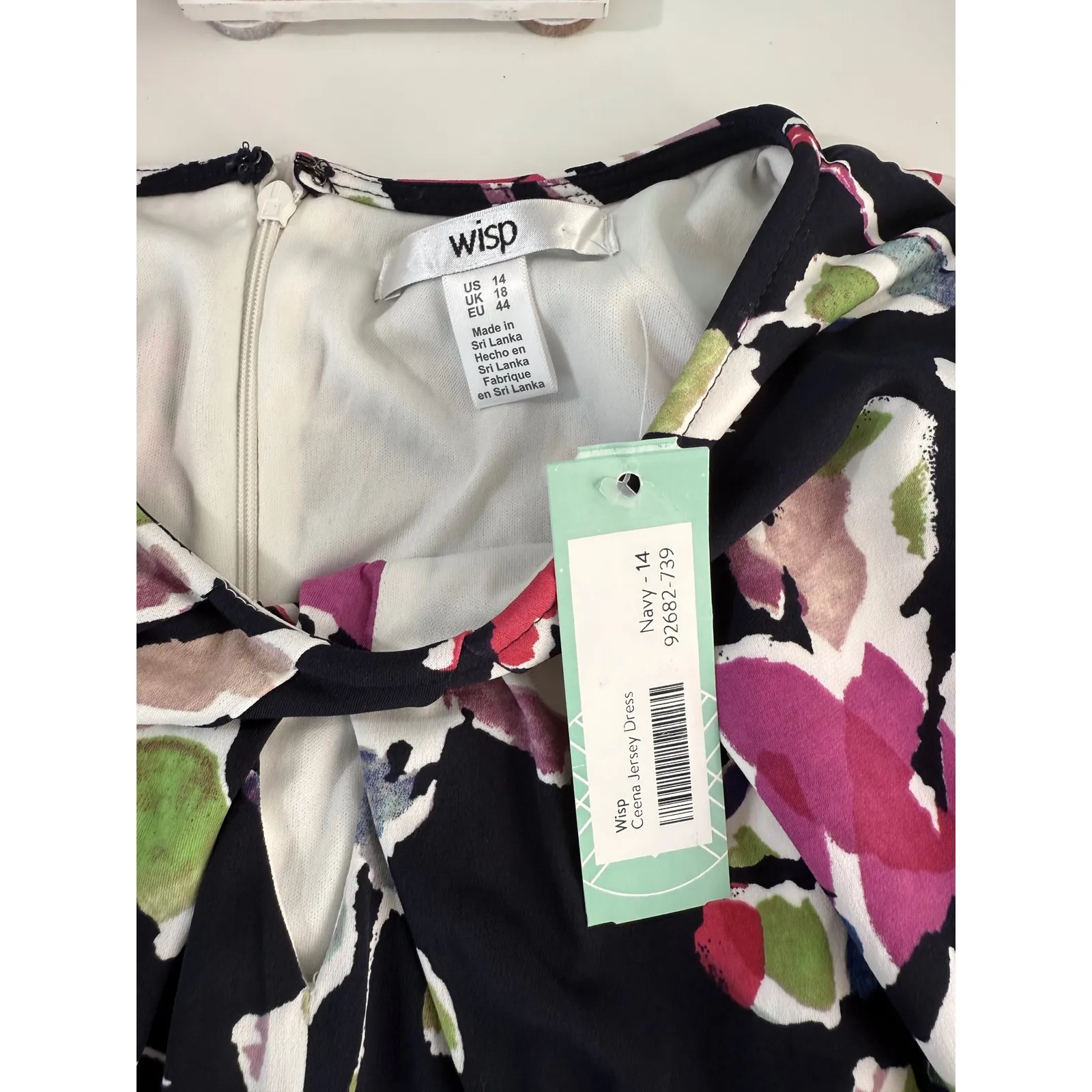 Wisp Floral Print Navy Jersey Knit‎ Sheath Dress Women's Size 14 Black - Image 6