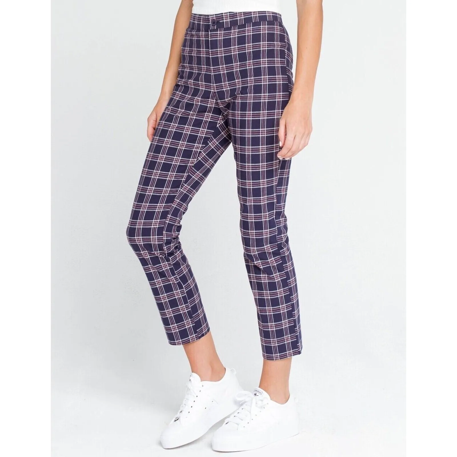 Sky and Sparrow Womens Pants Sz XS‎ Navy Blue Plaid Twill Tapered - Image 3