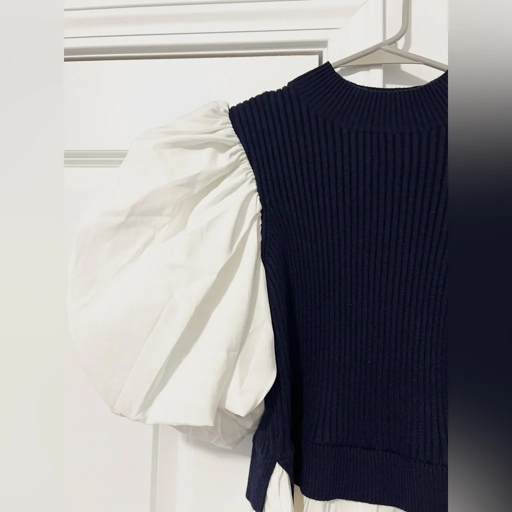 English Factory Puff Sleeve Mixed Media Sweater Dress - Image 5