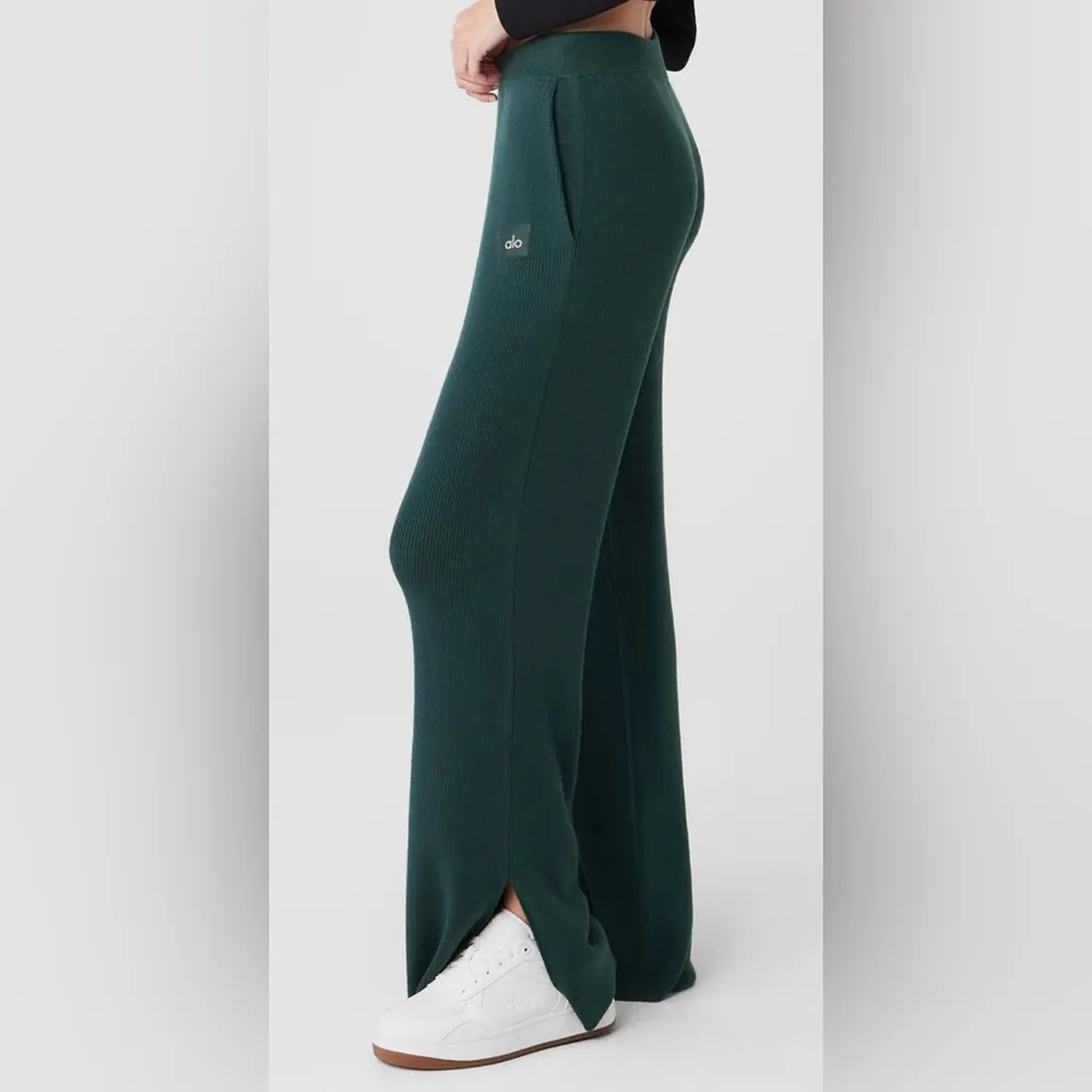 NWT Alo Yoga Knit High Waist Salana Wide Leg Pant Midnight Green Size S - Image 4