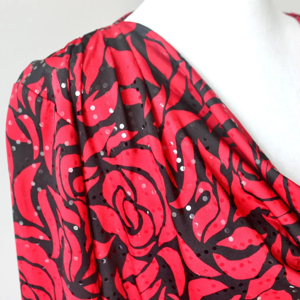 NWT Prelude Red Black Floral Rose Pattern Long Sleeve Cowl Neck Blouse Medium - Image 4