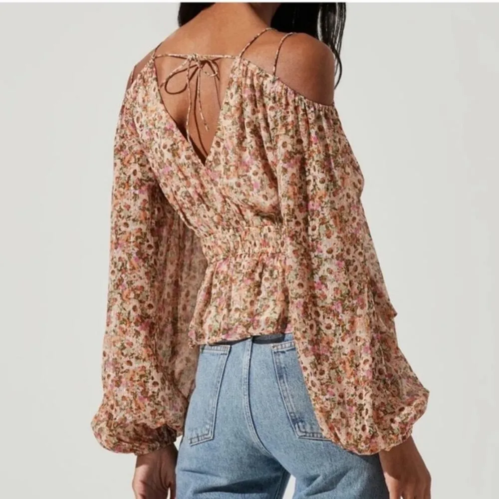 Astr The Label Hart Floral Cold Shoulder Cutout Peplum Top SZ L NWT Romantic Y2K Tan Size L - Image 3