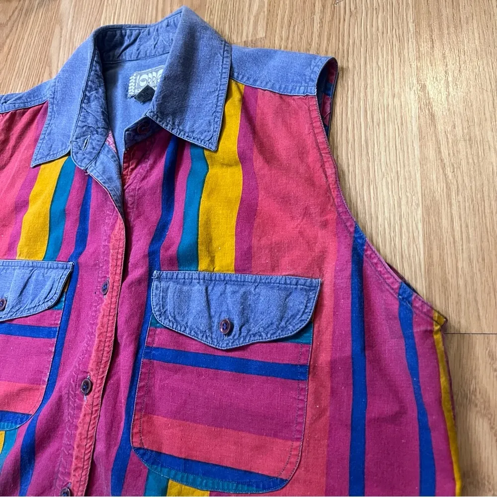 Sorrel International 90's Denim Blouse Vest Button Front Striped Retro Women’s M Blue Size M - Image 9