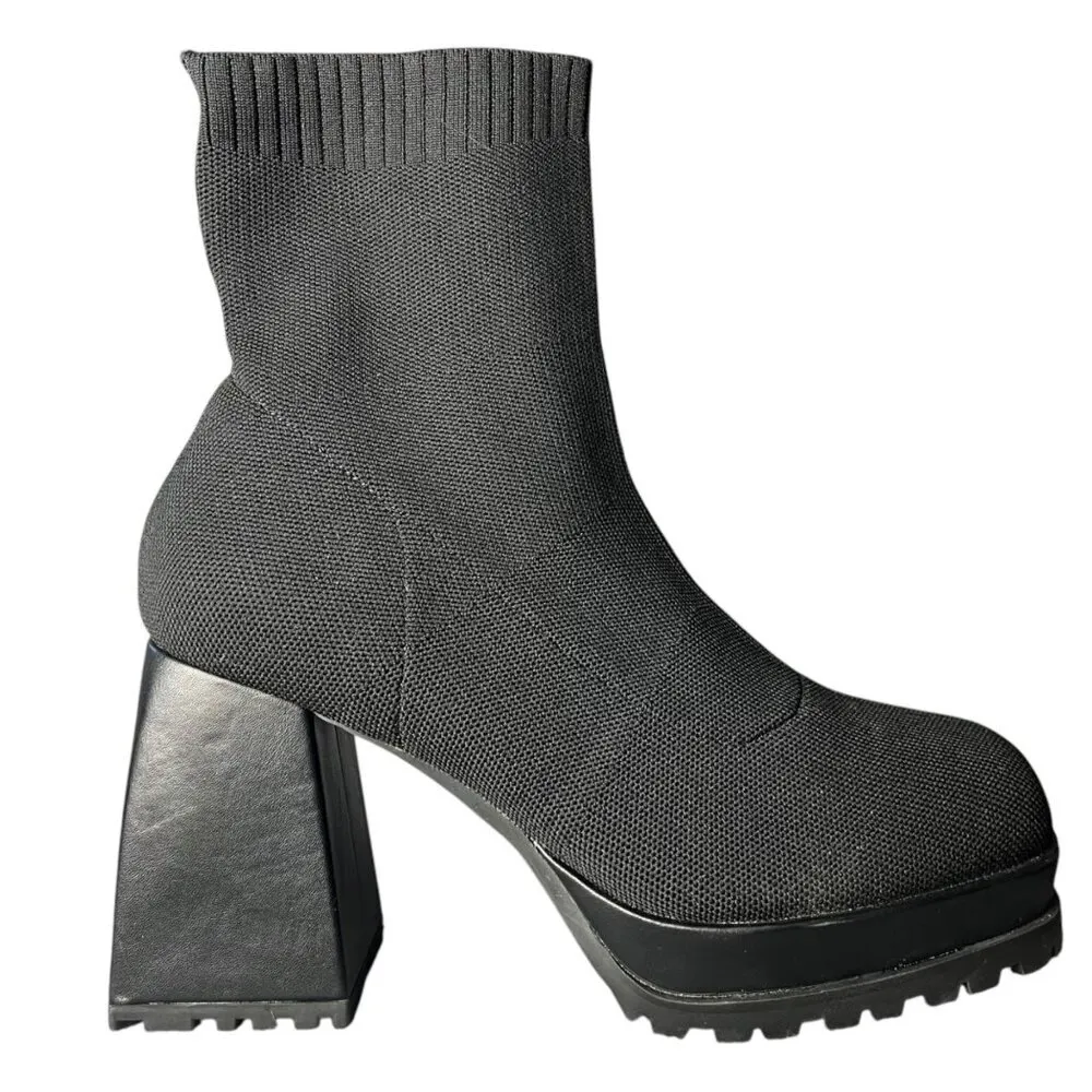 Womens 8.5 Sock Boots Platform Chunky Heel Booties Square Toe Slip On‎ Black - Image 7