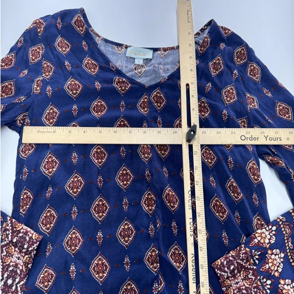 Veronica M Shirt Womens Small Blue Boho Long Sleeve Diamond Print Blouse Top - Image 4