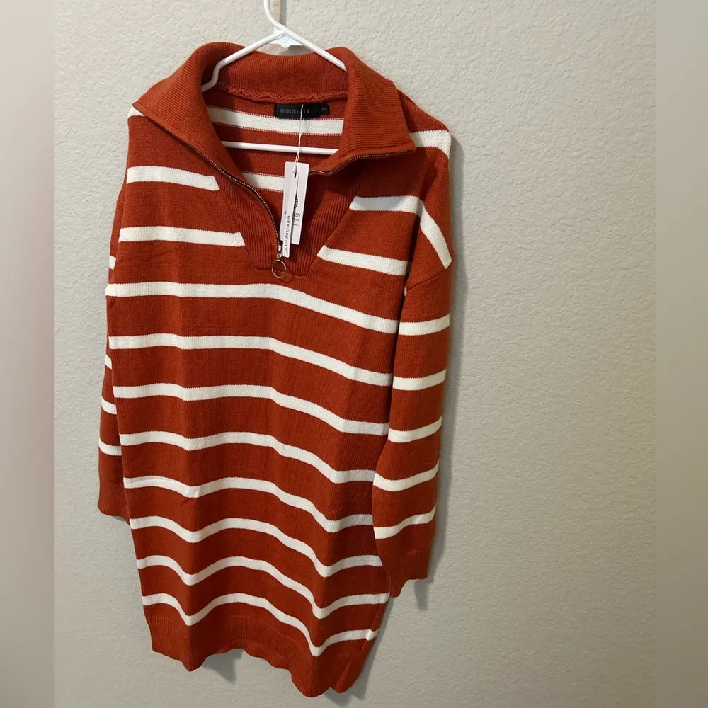 Rust & White Striped Sweater Dress Cozy Fall & Winter | Size Small NWT - Image 4