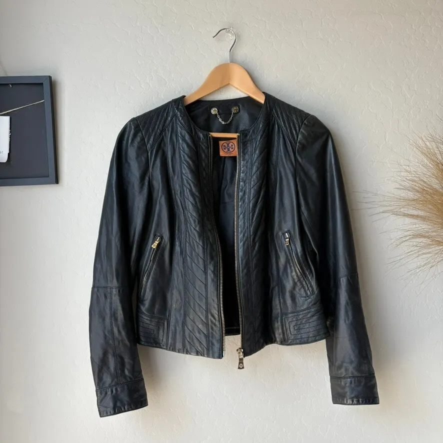 Tory Burch Leather Jacket Daphne Lambskin Leather Black Moto Jacket Size 6 - Image 7