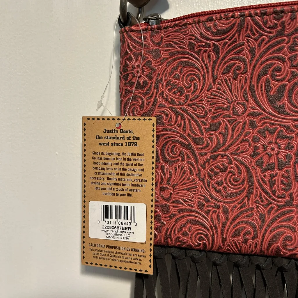 NWT: Justin Boots Brand Tooled Embossed Fringe Convertible Bag - Image 6